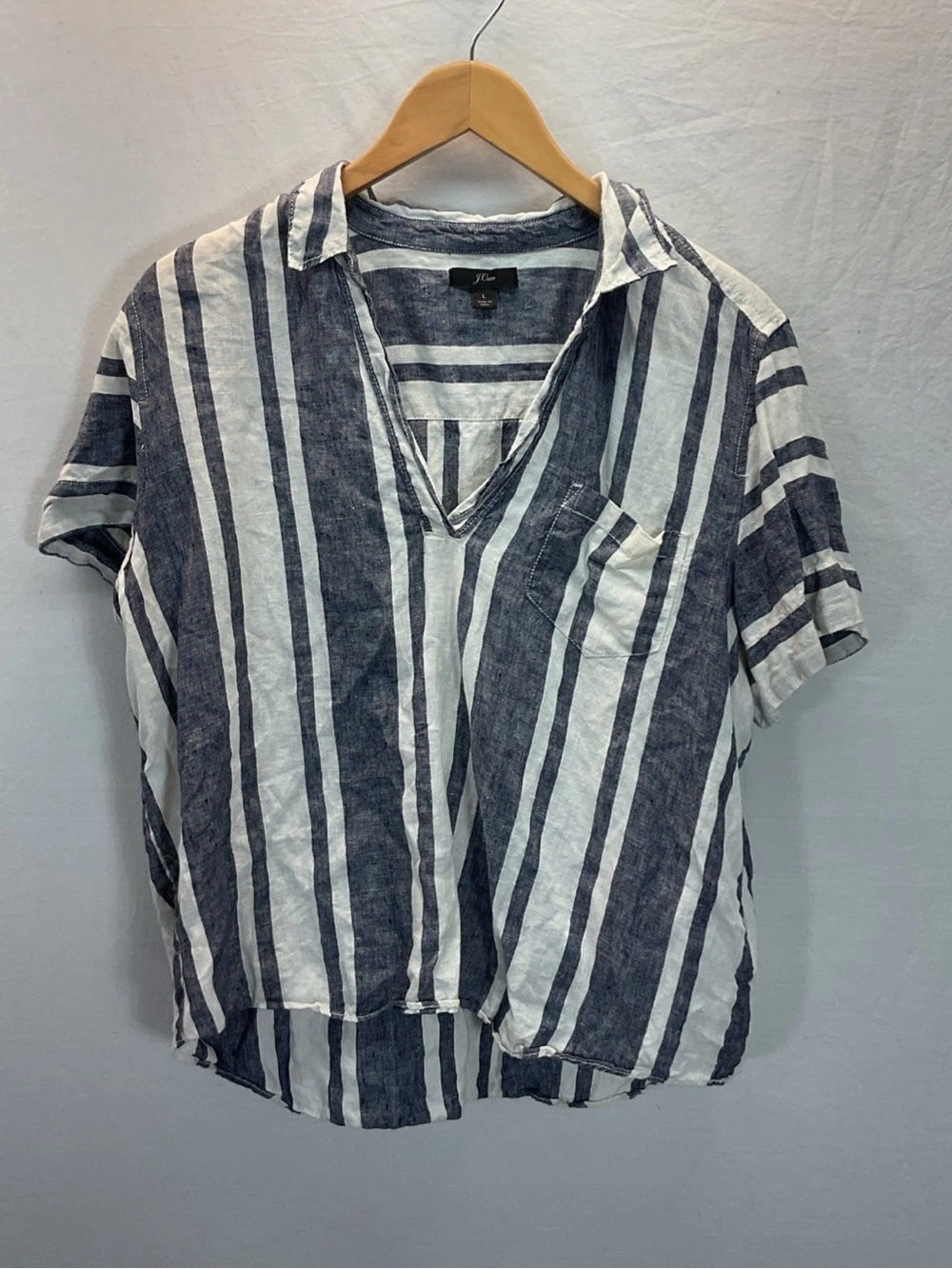 J. Crew Navy and White Striped Short-Sleeve Button Down Top